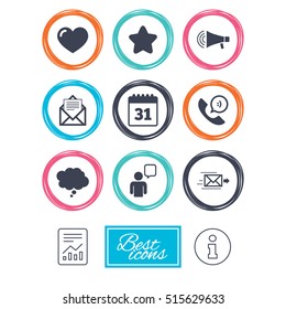 Mail, contact icons. Favorite, like and calendar signs. E-mail, chat message and phone call symbols. Report document, information icons. Vector