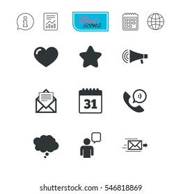 Mail, contact icons. Favorite, like and calendar signs. E-mail, chat message and phone call symbols. Report document, calendar and information web icons. Vector