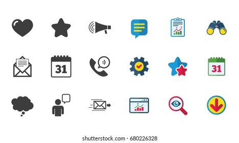 Mail, contact icons. Favorite, like and calendar signs. E-mail, chat message and phone call symbols. Calendar, Report and Download signs. Stars, Service and Search icons. Vector