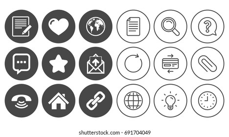 Mail, contact icons. Favorite, like and internet signs. E-mail, chat message and phone call symbols. Document, Globe and Clock line signs. Lamp, Magnifier and Paper clip icons. Vector