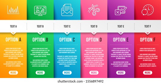 Mail correspondence, Analytics graph and Line graph line icons set. Infographic timeline. Checkbox, Scissors and Update time signs. E-mail newsletter, Growth report, Market diagram. Vector