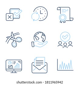 Mail correspondence, Analytics graph and Line graph line icons set. Diploma certificate, save planet, group of people. Checkbox, Scissors and Update time signs. Vector