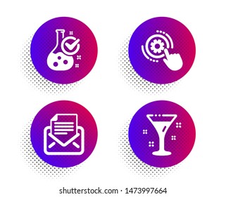 Mail correspondence, Cogwheel settings and Chemistry lab icons simple set. Halftone dots button. Cocktail sign. E-mail newsletter, Engineering tool, Laboratory flask. Martini. Business set. Vector