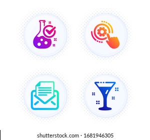 Mail correspondence, Cogwheel settings and Chemistry lab icons simple set. Button with halftone dots. Cocktail sign. E-mail newsletter, Engineering tool, Laboratory flask. Martini. Vector