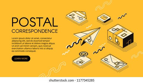 Ilustración vectorial de concepto de correo y correspondencia. Oficina de correos con sobres de cartas, sellos postales o tecnología logística de correo electrónico en diseño de línea delgada isométrica negra en fondo amarillo de medio tono