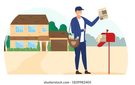 Concepto de envío por correo y correspondencia. Postman metiendo el correo en un buzón. Ilustración vectorial de dibujos animados planos.