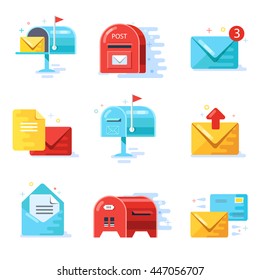 Mail and correspondence delivery icons, flat design, vector illustration of mailbox