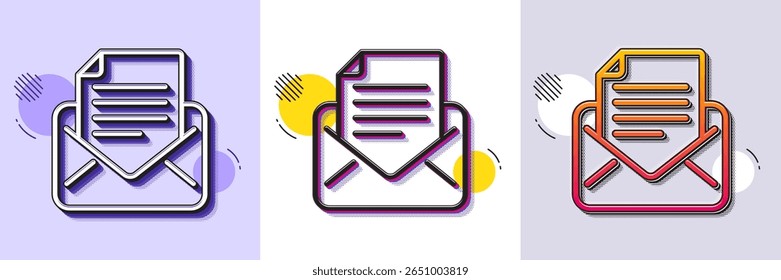 Ícone de linha de correspondência por email. Padrão pontilhado de meio-tom. Ícone de gradiente com sombra de grão. Leia o sinal de Mensagem. Símbolo de email. Ícone de correspondência de email de linha. Vários desenhos. Vetor