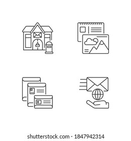 Juego de iconos lineales de correspondencia de correo. Correos, servicio internacional, tarjetas postales y sobres, símbolos de contorno delgado personalizables. Ilustraciones aisladas del contorno vectorial. Trazo editable