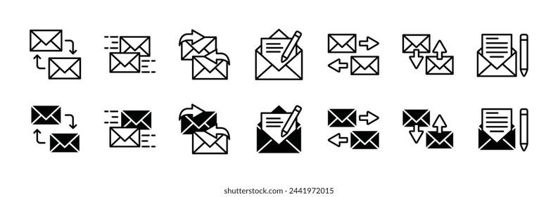 E-Mail-Korrespondenz dünne Linie Symbol gesetzt. E-Mail oder E-Mail-Zeichen und -Symbol. Enthält Antwort, Antwort, Antwort, Schreiben, Empfangen, Akzeptieren, Senden. Vektorgrafik