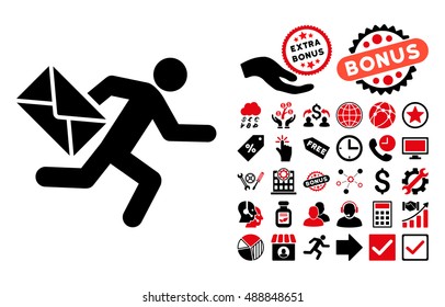 Mail Courier pictograph with bonus clip art. Vector illustration style is flat iconic bicolor symbols, intensive red and black colors, white background.