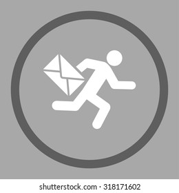 Mail courier vector icon. This rounded flat symbol is drawn with dark gray and white colors on a silver background.