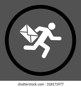 Mail courier vector icon. This rounded flat symbol is drawn with black and white colors on a gray background.