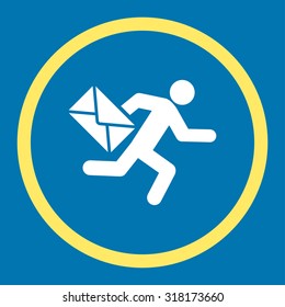 Mail courier vector icon. This rounded flat symbol is drawn with yellow and white colors on a blue background.
