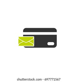 Mail Credit Debit Card. Mail Notifications bill Invoice. Green letter icon with pink dollar sign. Vector flat icon isolated on white.