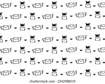 Mail and crown seamless pattern in hand drawn style, doodle, background, cover, print, textile, or web use, Cute, outline, simple, letter.
