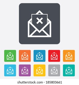 Mail delete icon. Envelope symbol. Message sign. Mail navigation button. Rounded squares 11 buttons. Vector