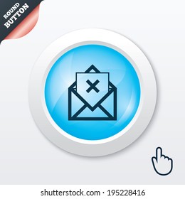 Mail delete icon. Envelope symbol. Message sign. Mail navigation button. Blue shiny button. Modern UI website button with hand cursor pointer. Vector