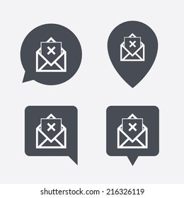 Mail delete icon. Envelope symbol. Message sign. Mail navigation button. Map pointers information buttons. Speech bubbles with icons. Vector