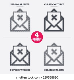Mail delete icon. Envelope symbol. Message sign. Mail navigation button. Diagonal and horizontal lines, classic outline, dotted texture. Pattern design icons.  Vector