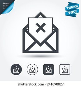 Mail delete icon. Envelope symbol. Message sign. Mail navigation button. Circle and square buttons. Flat design set. Thank you ribbon. Vector