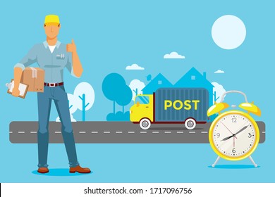 Mail deliver package on time, clock vector illustration. Timer detects how much time post machine deliver order, trip on highway. Courier character in work clothes with box and documents.