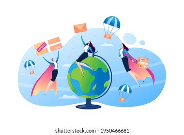 Mail delivery by transportation service concept, vector illustration. Woman hero character transport box, cartoon parcels all over world.