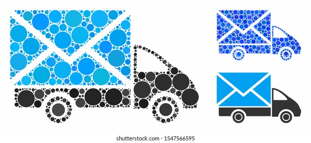 Mail delivery car composition of spheric dots in different sizes and color hues, based on mail delivery car icon. Vector round dots are composed into blue composition.