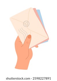 Mail delivery concept. Envelopes mail correspondence in hand. Hand drawn vector illustration