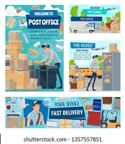 Mail delivery courier or postman profession, post office logistics of correspondence and parcels. Vector post office express delivery air mail cargo, storehouse truck and envelope letter rubber stamp