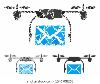 Mail delivery drone composition of abrupt elements in different sizes and color tinges, based on mail delivery drone icon. Vector rough elements are composed into composition.