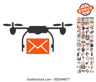 Mail Delivery Drone icon with bonus calendar and time management graphic icons. Vector illustration style is flat iconic symbols, orange and gray colors, white background.
