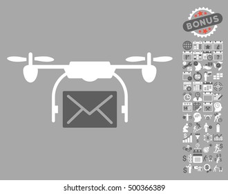 Mail Delivery Drone icon with bonus calendar and time service symbols. Vector illustration style is flat iconic symbols, dark gray and white colors, silver background.