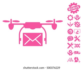 Mail Delivery Drone icon with bonus tools icon set. Vector illustration style is flat iconic symbols, pink color, white background.