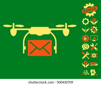 Mail Delivery Drone icon with bonus options images. Vector illustration style is flat iconic symbols, orange and yellow colors, green background.