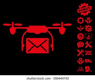 Mail Delivery Drone icon with bonus settings pictograms. Vector illustration style is flat iconic symbols, red color, black background.