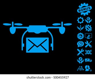 Mail Delivery Drone icon with bonus service clip art. Vector illustration style is flat iconic symbols, blue color, black background.