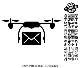 Mail Delivery Drone icon with bonus calendar and time service pictograms. Vector illustration style is flat iconic symbols, black color, white background.
