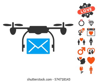 Mail Delivery Drone icon with bonus decorative graphic icons. Vector illustration style is flat iconic elements for web design, app user interfaces.