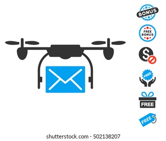 Mail Delivery Drone icon with free bonus graphic icons. Vector illustration style is flat iconic symbols, blue and gray colors, white background.