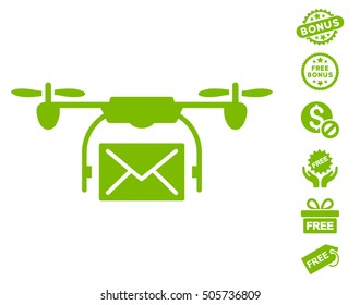Mail Delivery Drone icon with free bonus icon set. Vector illustration style is flat iconic symbols, eco green color, white background.