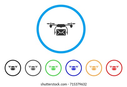 Mail Delivery Drone icon. Vector illustration style is a flat iconic mail delivery drone gray rounded symbol inside light blue circle with black, gray, green, blue, red,