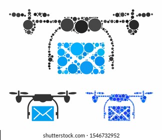Mail delivery drone mosaic of small circles in various sizes and color tints, based on mail delivery drone icon. Vector small circles are combined into blue collage.