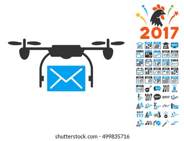 Mail Delivery Drone pictograph with bonus 2017 new year symbols. Vector illustration style is flat iconic symbols, blue and gray colors, white background.