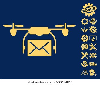 Mail Delivery Drone pictograph with bonus setup tools pictures. Vector illustration style is flat iconic symbols, yellow color, blue background.