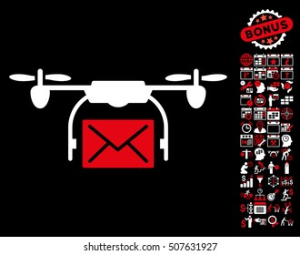 Mail Delivery Drone pictograph with bonus calendar and time service clip art. Vector illustration style is flat iconic symbols, red and white colors, black background.