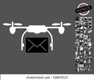 Mail Delivery Drone pictograph with bonus calendar and time service pictograms. Vector illustration style is flat iconic symbols, black and white colors, gray background.