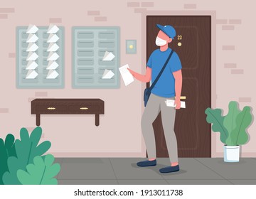 Mail delivery flat color vector illustration. Safety logistic during worldwide pandemic. Person transporting letters to people homes 2D cartoon characters with full mail boxes on background