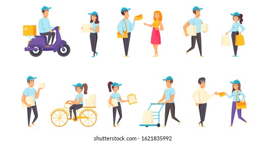 Mail delivery flat vector illustrations set. Post, letters and parcels transportation scenes bundle. Male and female couriers, people with packages, postmen cartoon characters collection