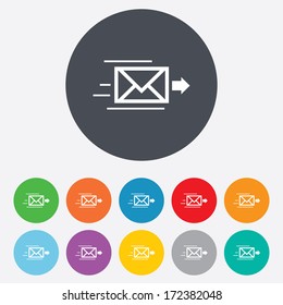 Mail delivery icon. Envelope symbol. Message sign. Mail navigation button. Round colourful 11 buttons. Vector
